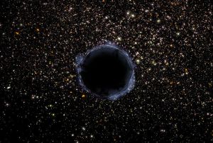 Singularity represented by black hole - we can't see past the horizon